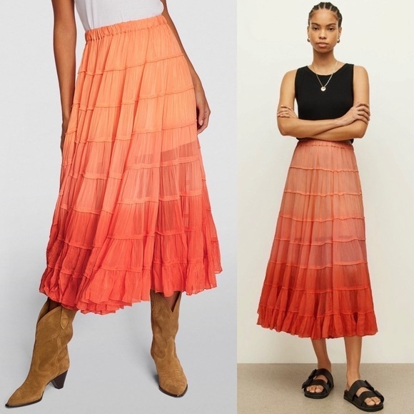 *NWT ALLSAINTS Sunset Ombré Colorblock Striped Crepe Tiered Ruffle Midi Skirt 6 - Picture 2 of 11